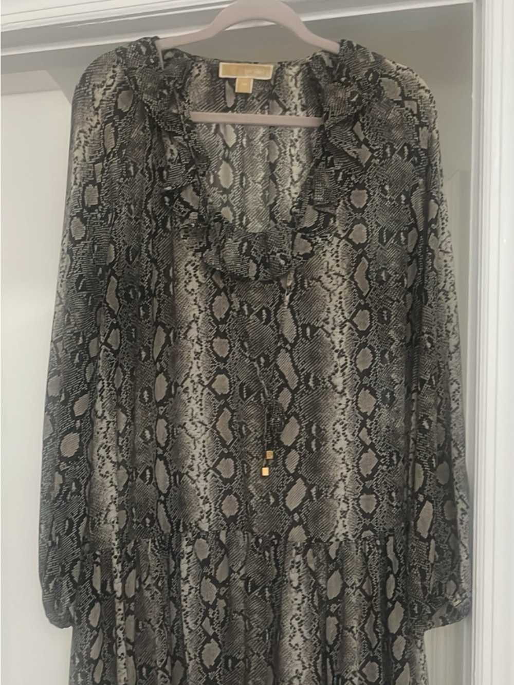 Snake Print Long Sleeve Dress in Black & Cream - Michael Kors